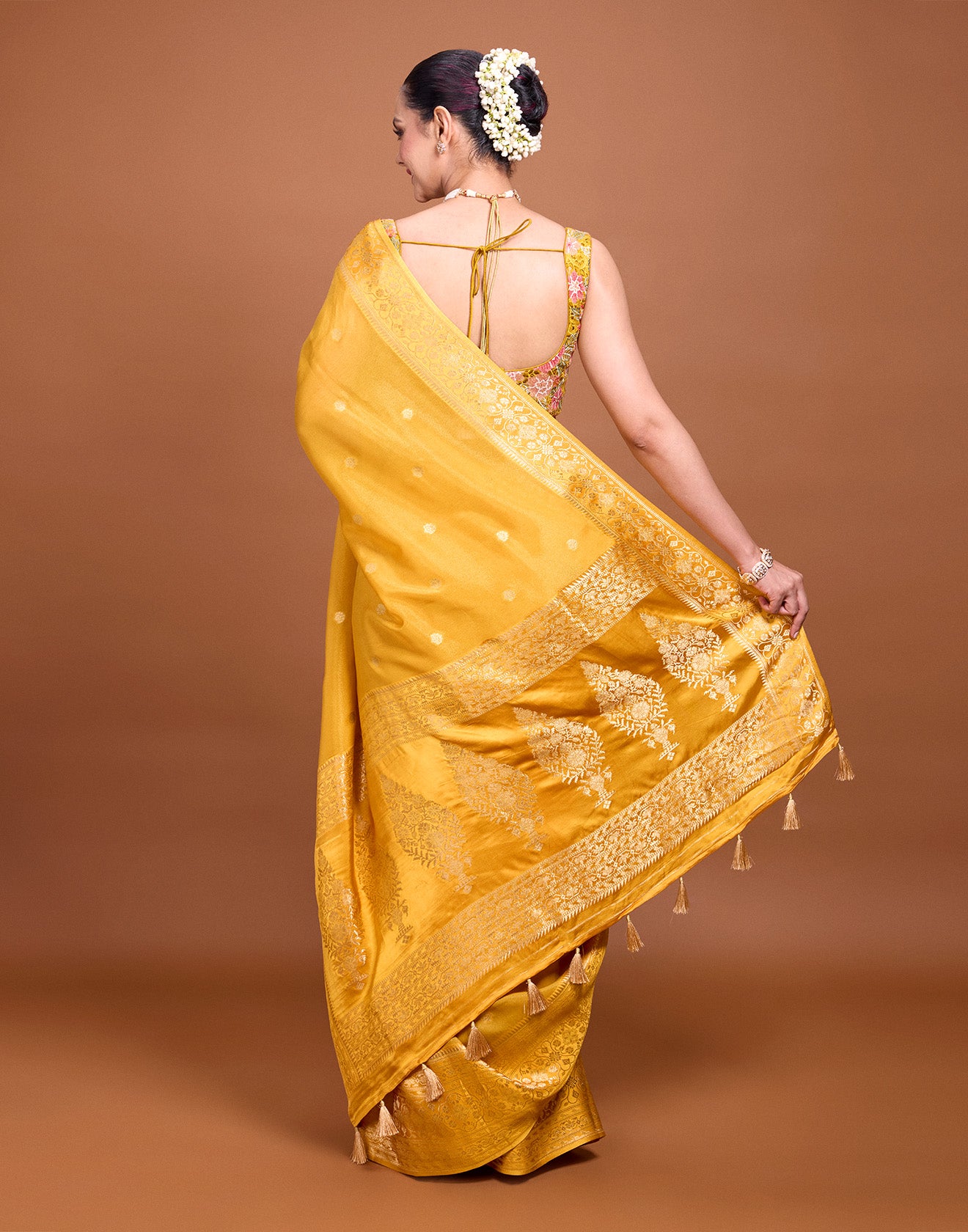 Mustard Yellow Floral Weave Silk Saree