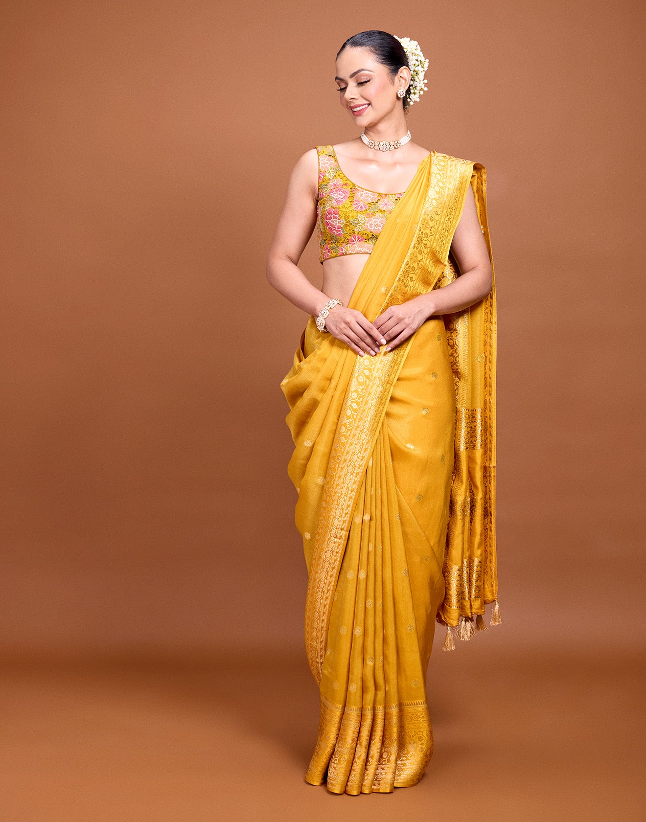 Mustard Yellow Floral Weave Silk Saree