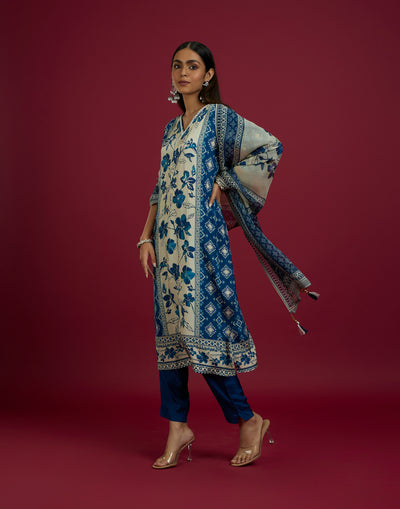 Navy Blue And Beige Ikkat Print With Floral Design Kurta Set