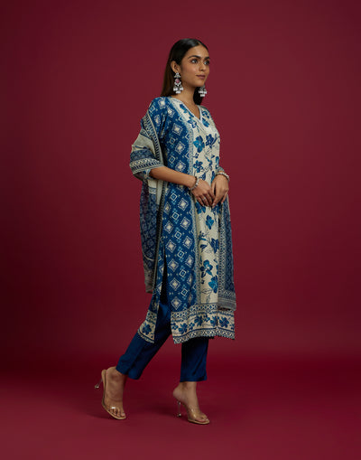 Navy Blue And Beige Ikkat Print With Floral Design Kurta Set