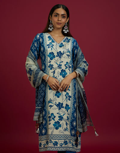 Navy Blue And Beige Ikkat Print With Floral Design Kurta Set