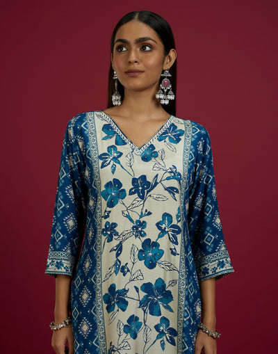 Navy Blue And Beige Ikkat Print With Floral Design Kurta Set