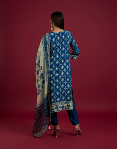 Navy Blue And Beige Ikkat Print With Floral Design Kurta Set