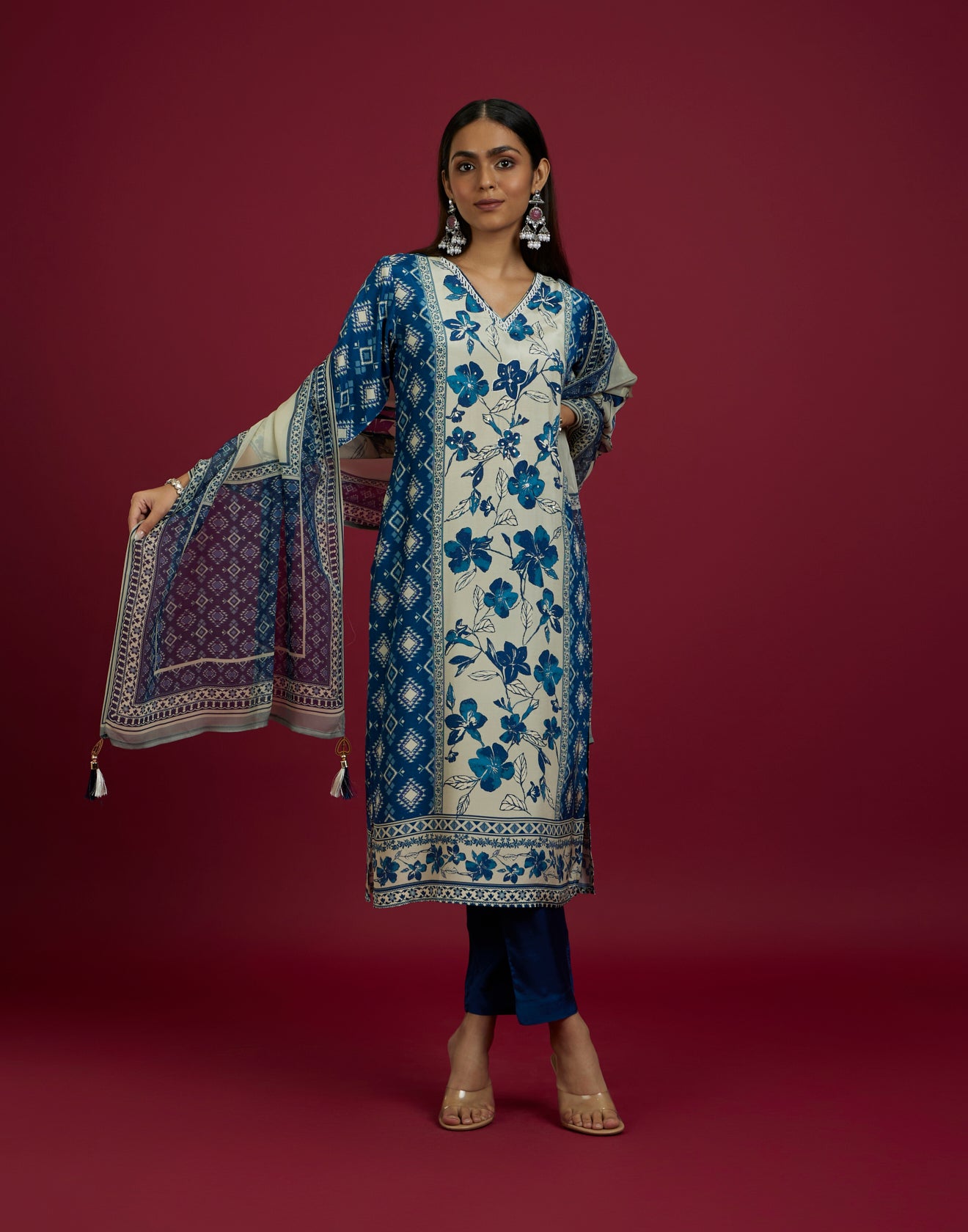 Navy Blue And Beige Ikkat Print With Floral Design Kurta Set