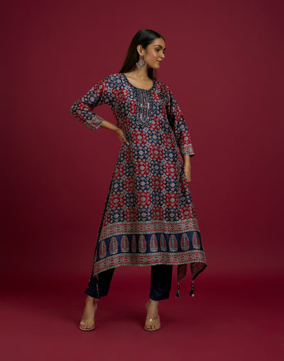 Navy Blue And Brick Red Printed Silk Kurta Set