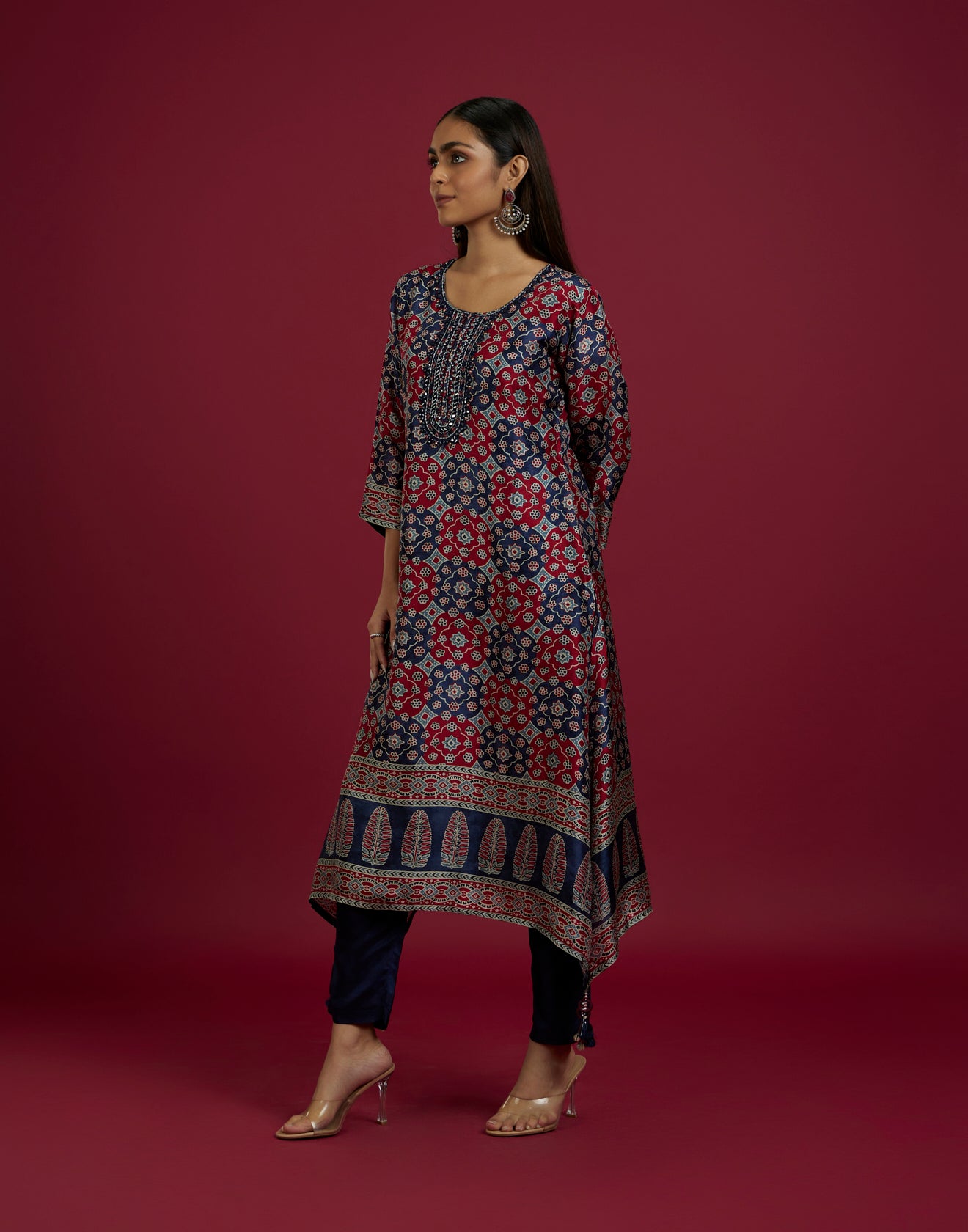 Navy Blue And Brick Red Printed Silk Kurta Set