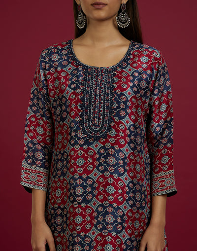 Navy Blue And Brick Red Printed Silk Kurta Set