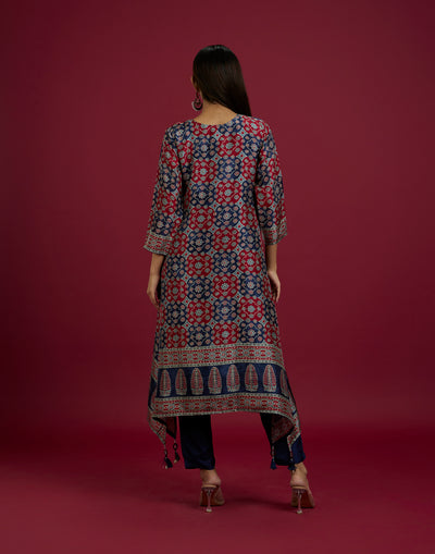 Navy Blue And Brick Red Printed Silk Kurta Set