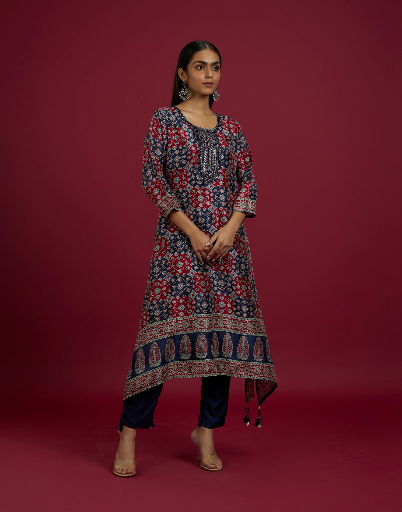 Navy Blue And Brick Red Printed Silk Kurta Set