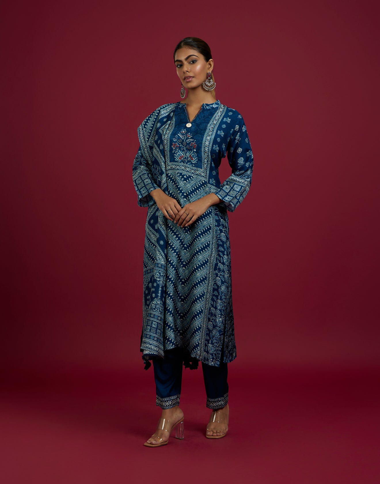 Navy Blue Chevron With Floral Printed Kurta Set