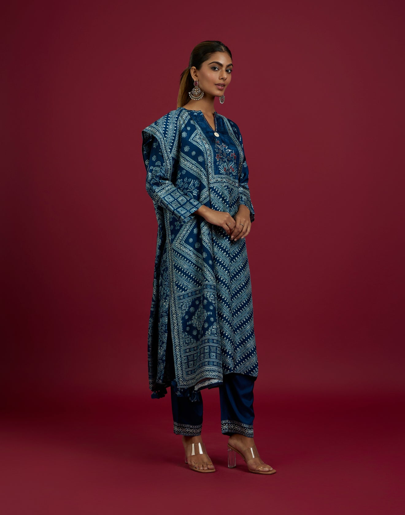 Navy Blue Chevron With Floral Printed Kurta Set