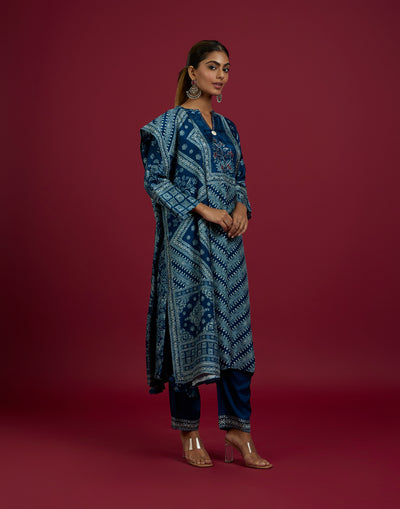 Navy Blue Chevron With Floral Printed Kurta Set