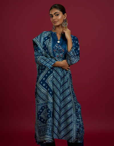 Navy Blue Chevron With Floral Printed Kurta Set