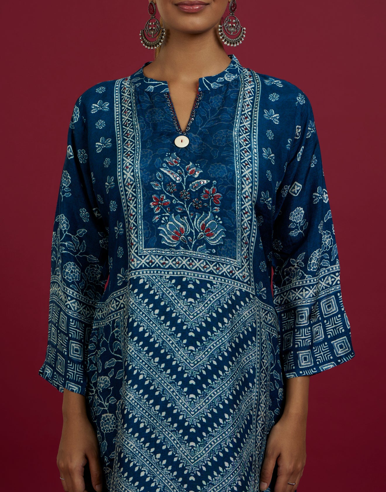 Navy Blue Chevron With Floral Printed Kurta Set