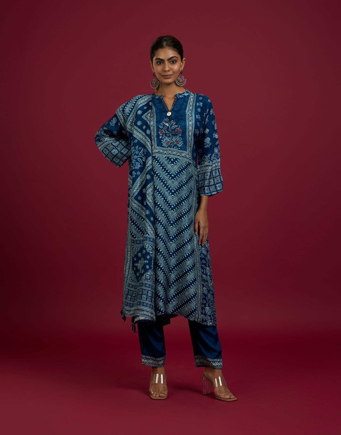 Navy Blue Chevron With Floral Printed Kurta Set