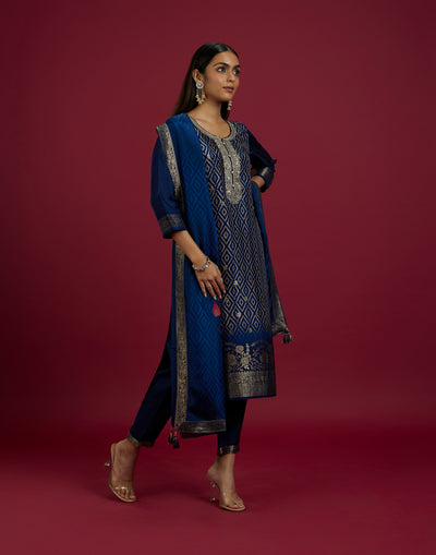 Navy Blue Printed Kurta With Banarasi Border Festive Kurta Set