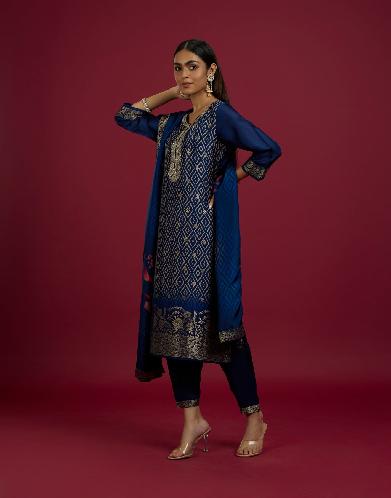 Navy Blue Printed Kurta With Banarasi Border Festive Kurta Set