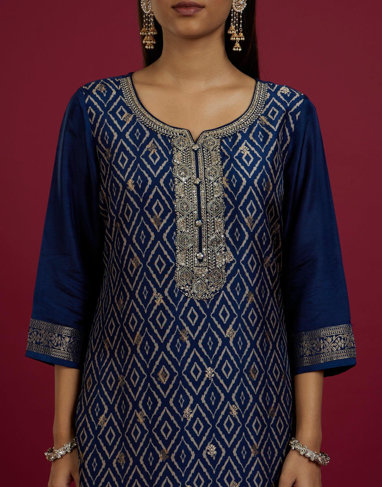 Navy Blue Printed Kurta With Banarasi Border Festive Kurta Set