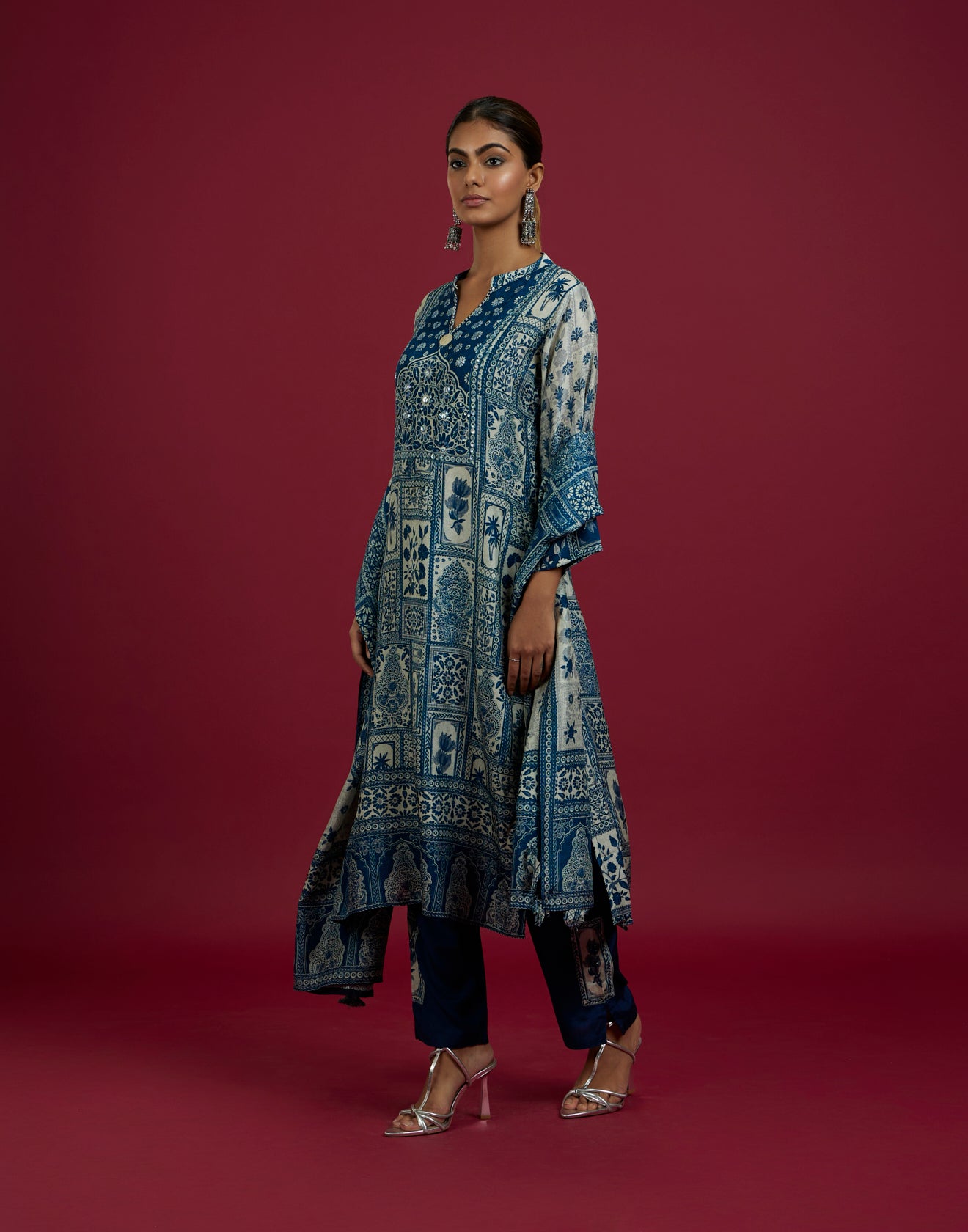 Navy Blue & Beige Mughal Print Kurta Set