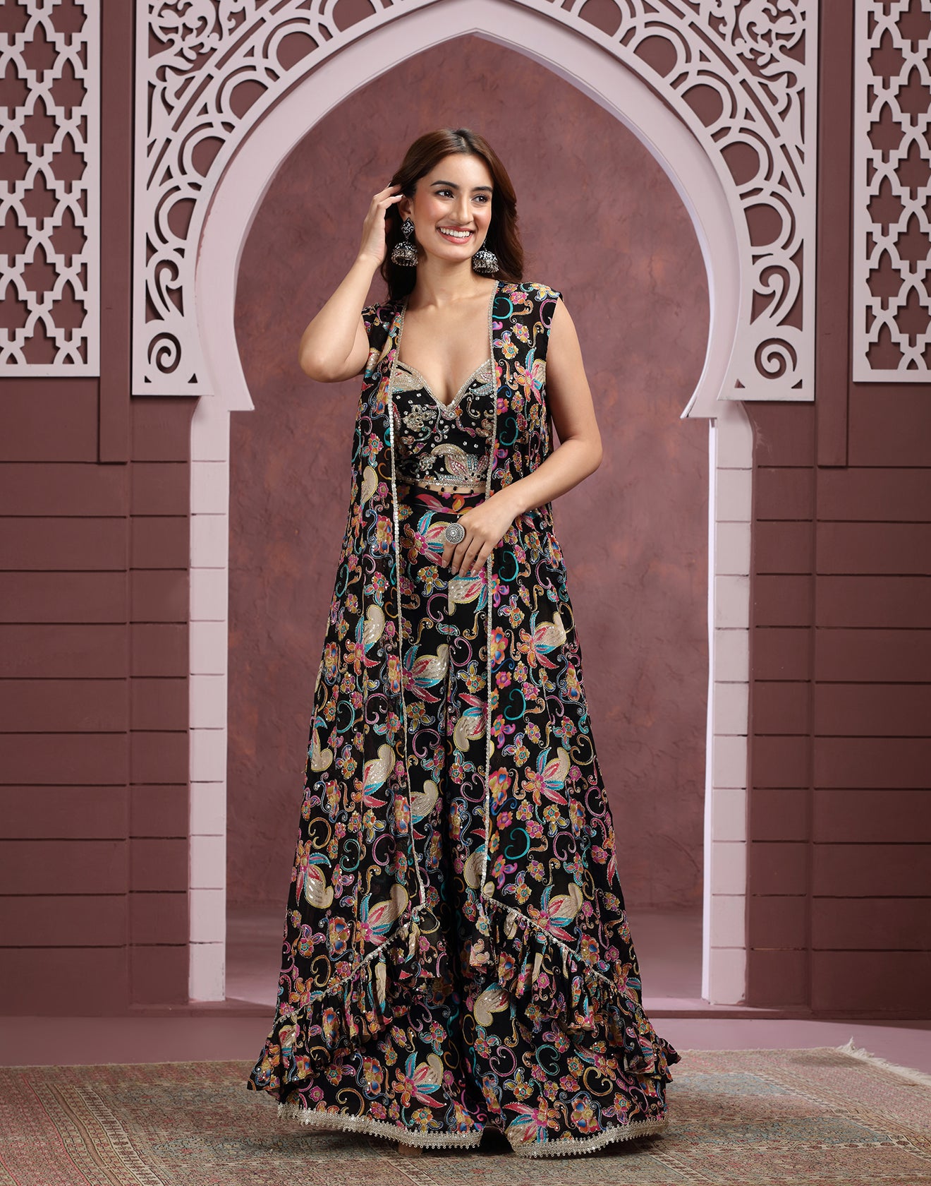 Noir Garden Foil-Printed Georgette Fusion Set