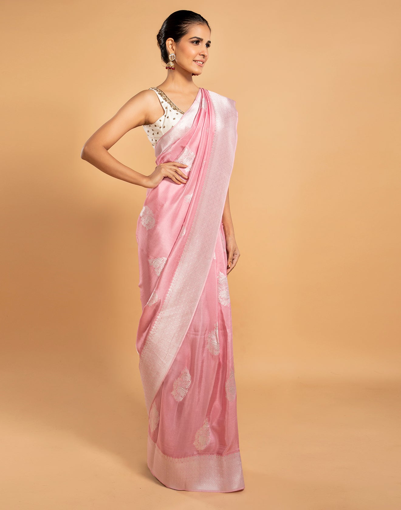 Nostalgia Rose Pink Saree In Dola Silk
