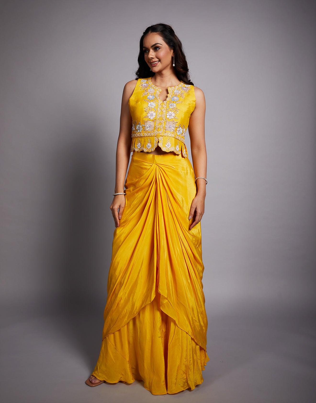 Ocean Blue And Yellow Ombré Embroidered Fusion Set For Haldi