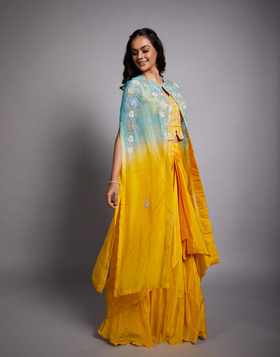 Ocean Blue And Yellow Ombré Embroidered Fusion Set For Haldi