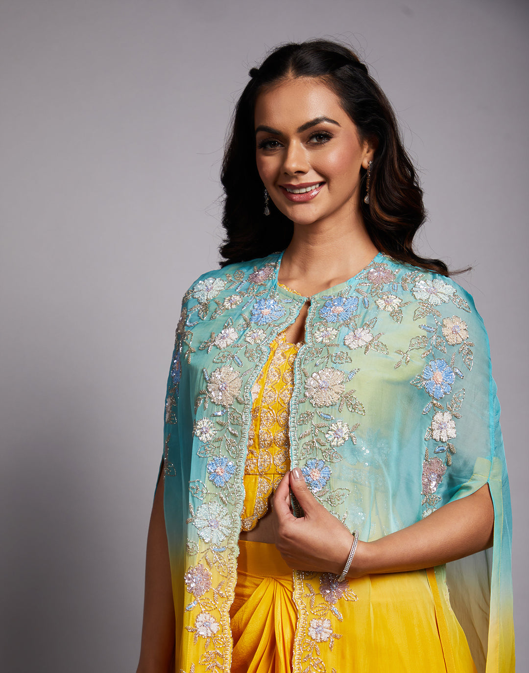 Yellow Ombre Haldi Outfit for Women | Embroidered Fusion Set Roopkala Yellow Ombre Haldi Outfit for Women | Embroidered Fusion Set Roopkala
