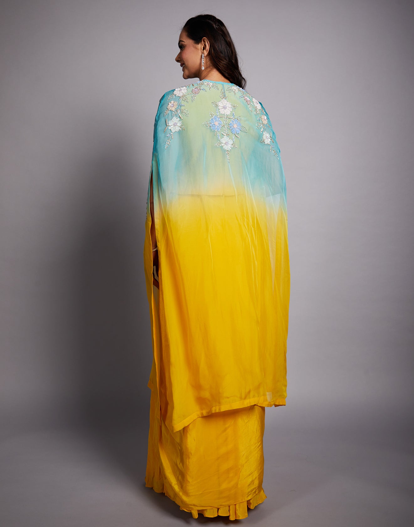 Ocean Blue And Yellow Ombré Embroidered Fusion Set For Haldi