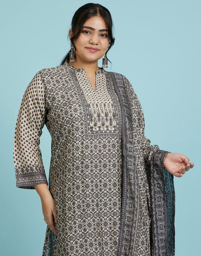 Off-White And Black Ethnic Workwear Kurta Set