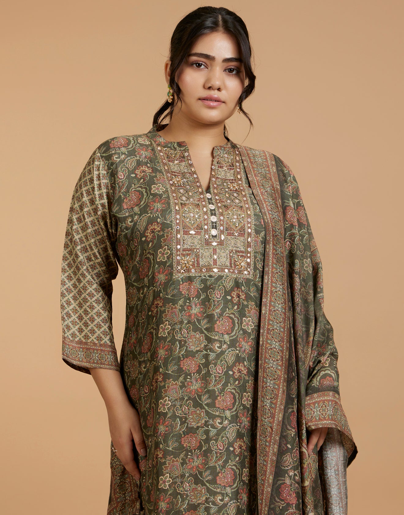 Olive Green Kalamkari Printed Workwear Kurta Set