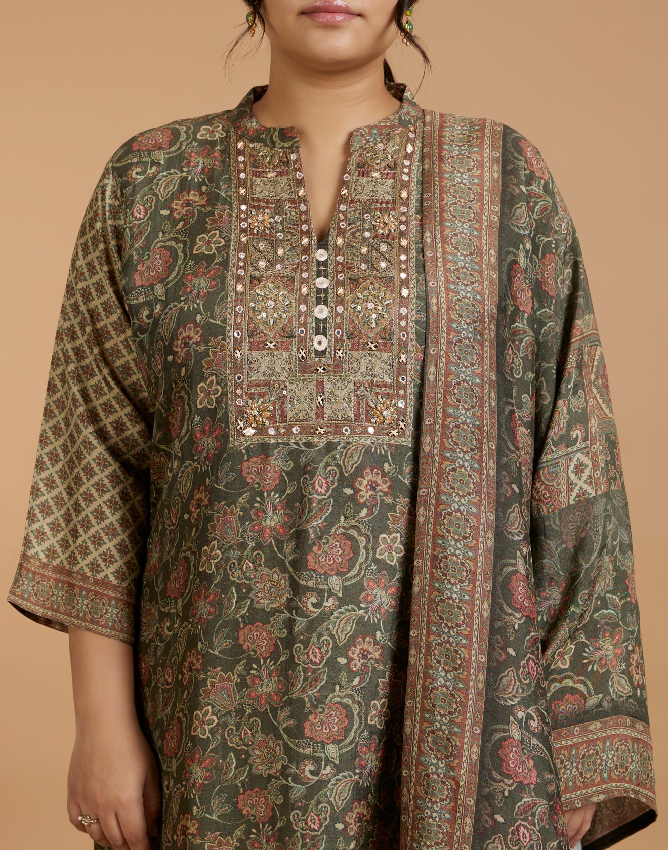 Olive Green Kalamkari Printed Workwear Kurta Set