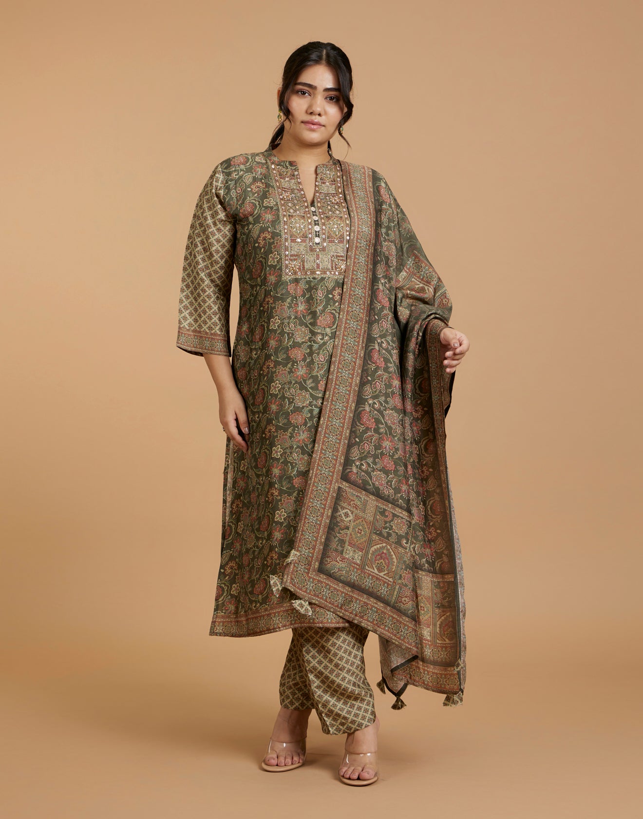 Olive Green Kalamkari Printed Workwear Kurta Set