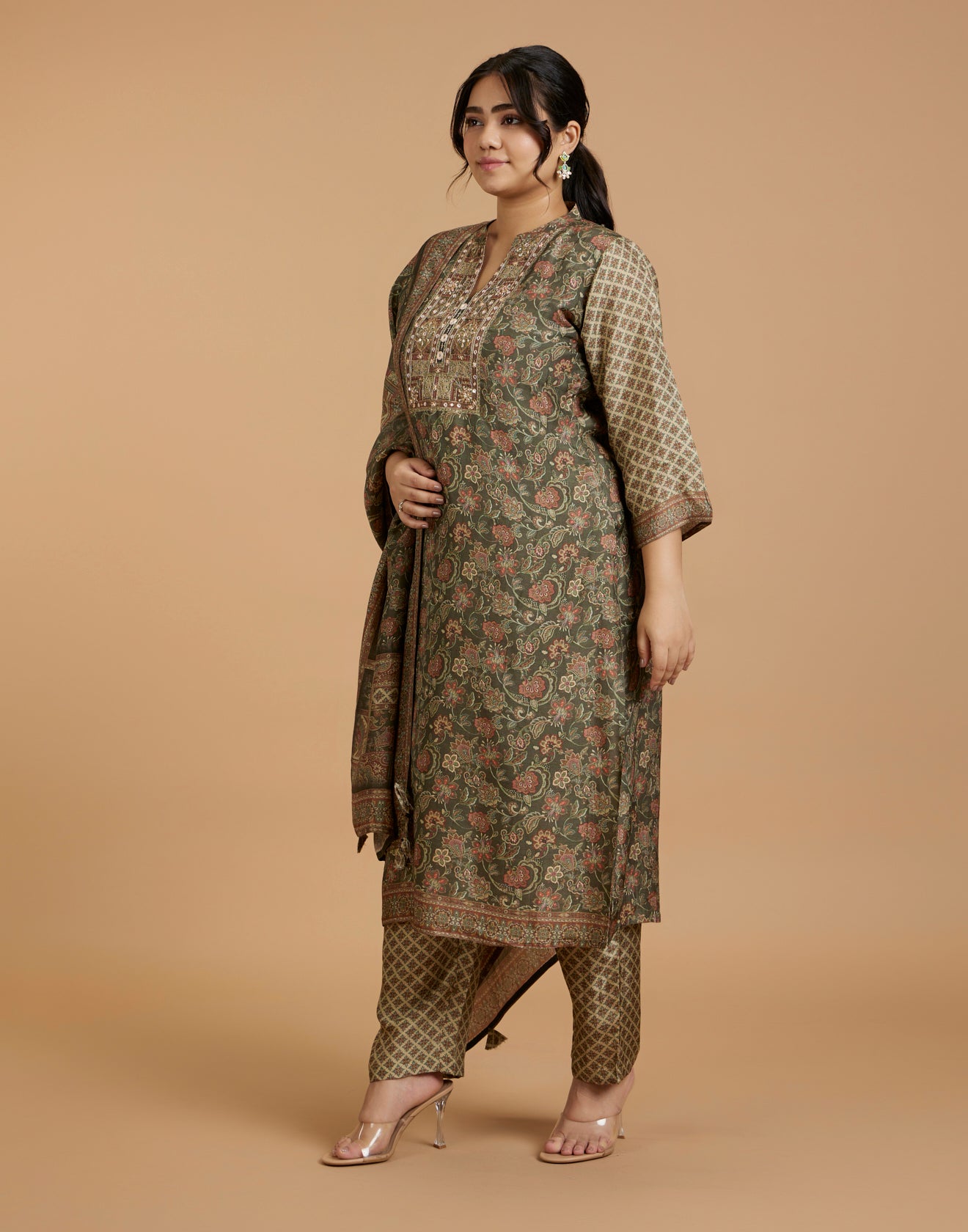 Olive Green Kalamkari Printed Workwear Kurta Set