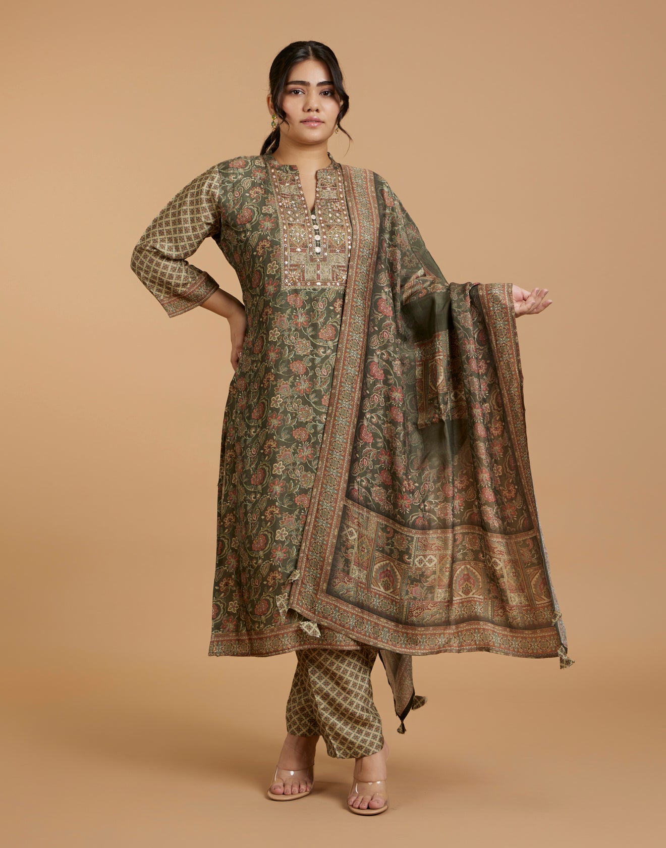 Olive Green Kalamkari Printed Workwear Kurta Set