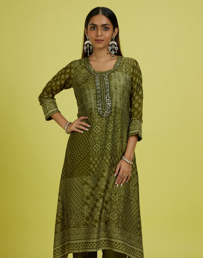 Olive Magic Bandhej Printed Festive Kurta Set