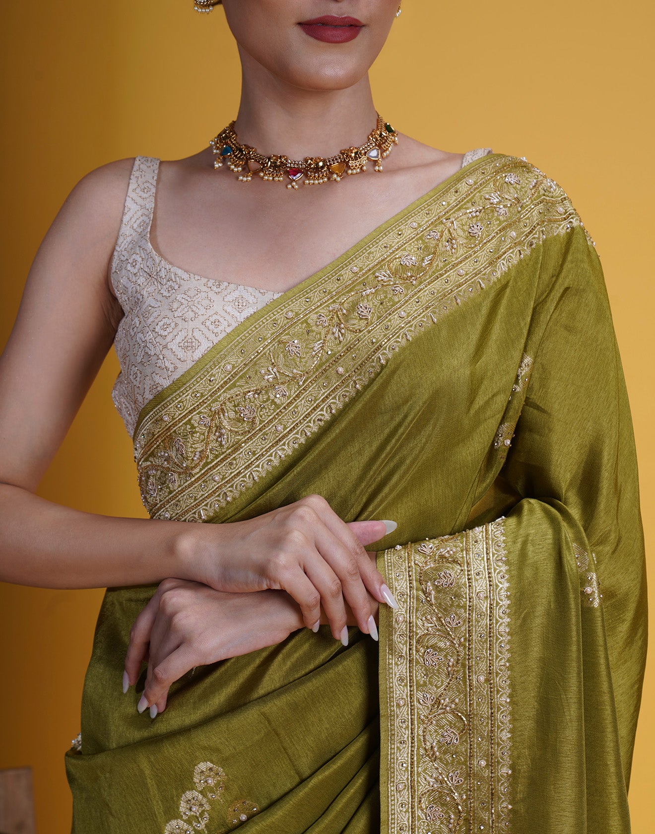 Olive Green With Antique Gold Weave Dola Silk Saree