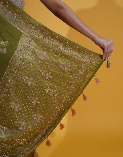 Olive Green With Antique Gold Weave Dola Silk Saree