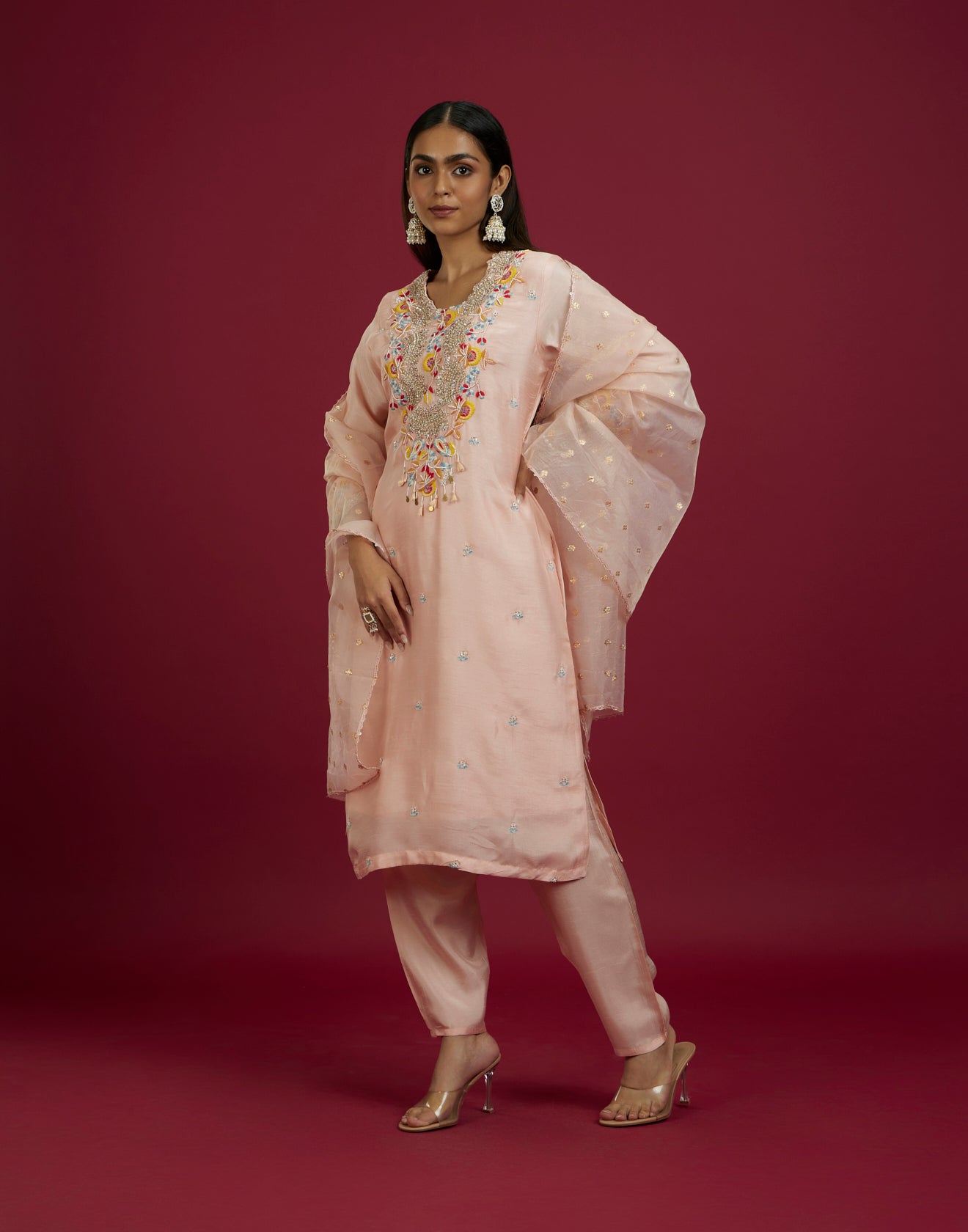 Opalescent Coral Embroidered Festive Kurta Set