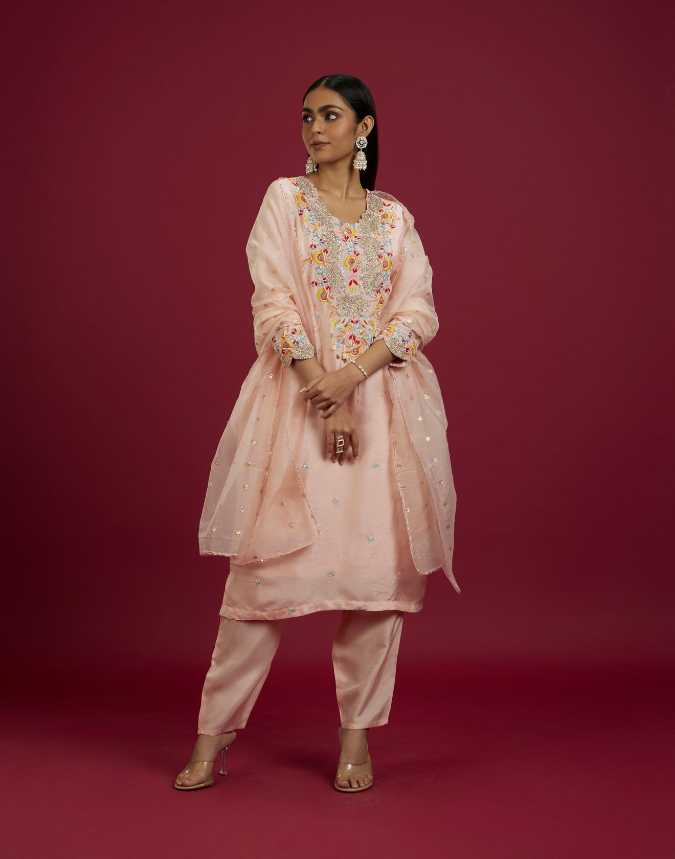 Opalescent Coral Embroidered Festive Kurta Set