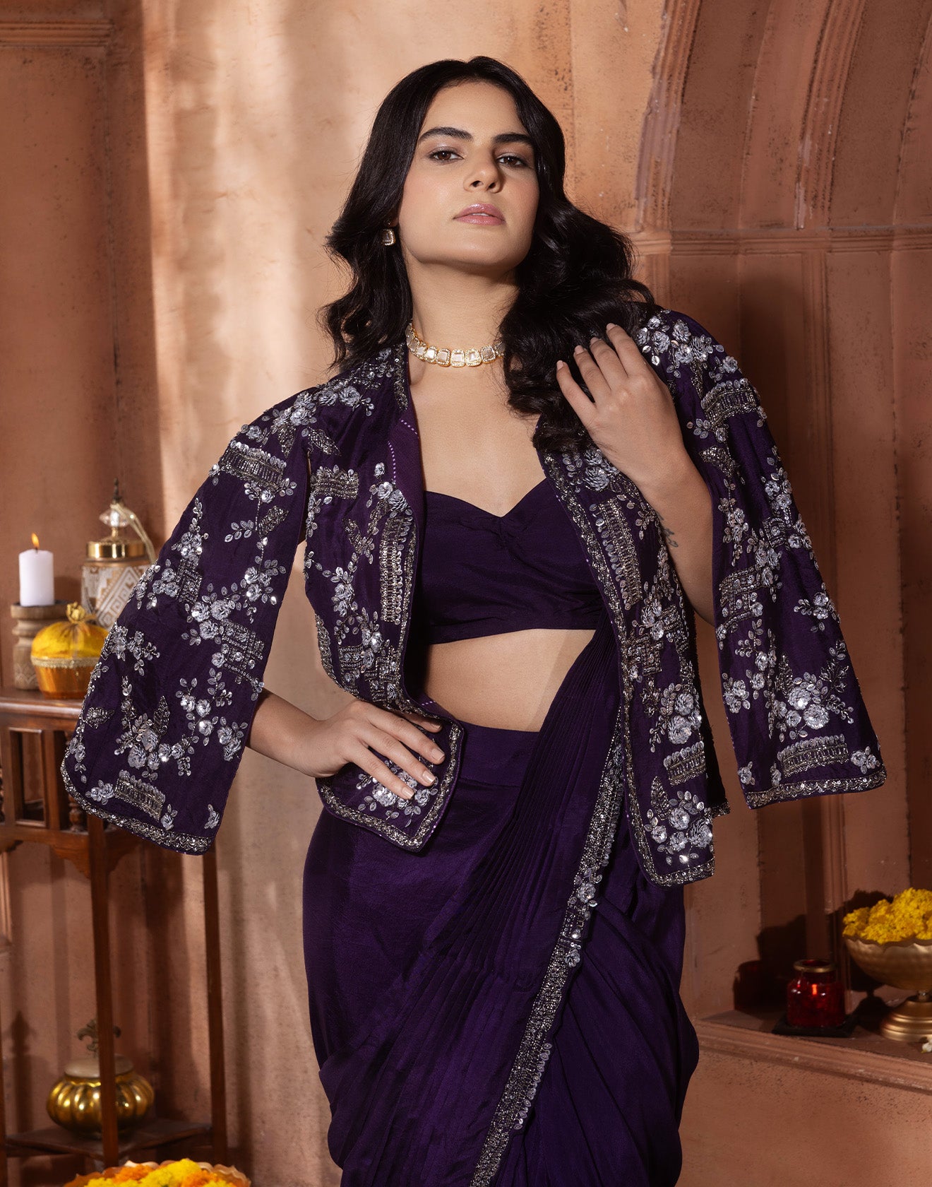 Orchid Charm Pre-Stitched Saree With Embellished Jacket