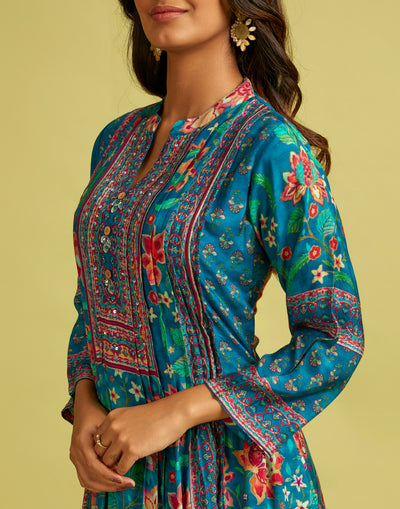 Pacific Blue Floral Printed Flared Kurti