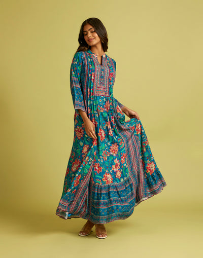 Pacific Blue Floral Printed Flared Kurti
