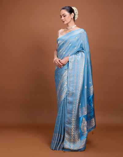 Pacific Blue With Zari Floral Butti Silk Saree