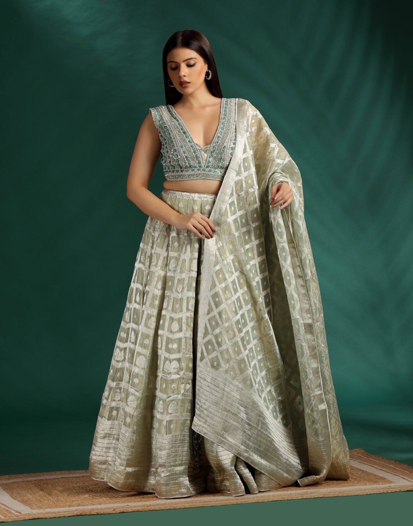Pacific Pine Embellished Blouse With Printed Organza Lehenga Set