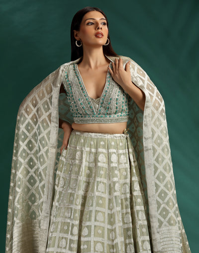 Pacific Pine Embellished Blouse With Printed Organza Lehenga Set