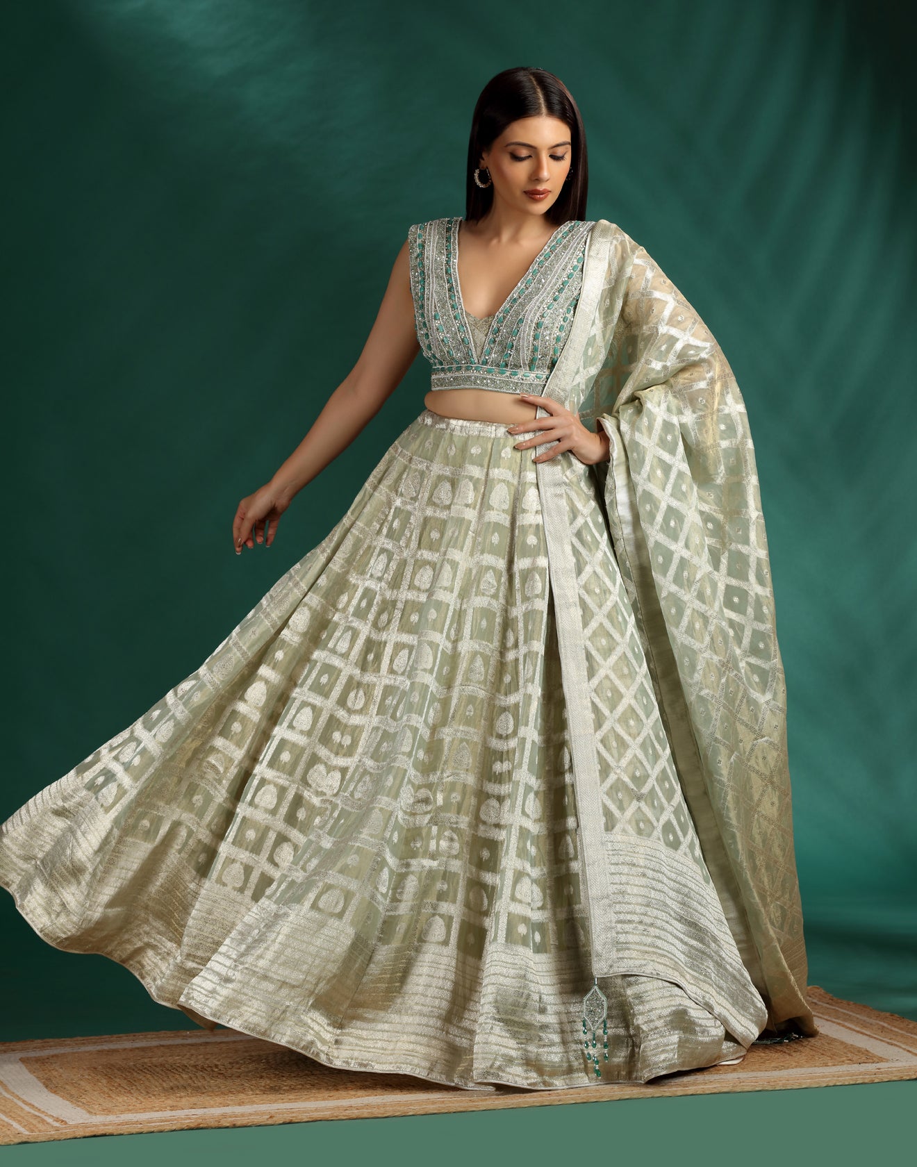 Pacific Pine Embellished Blouse With Printed Organza Lehenga Set