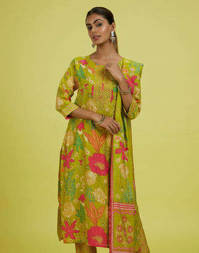 Parakeet Yellow Floral Printed Kurta Set