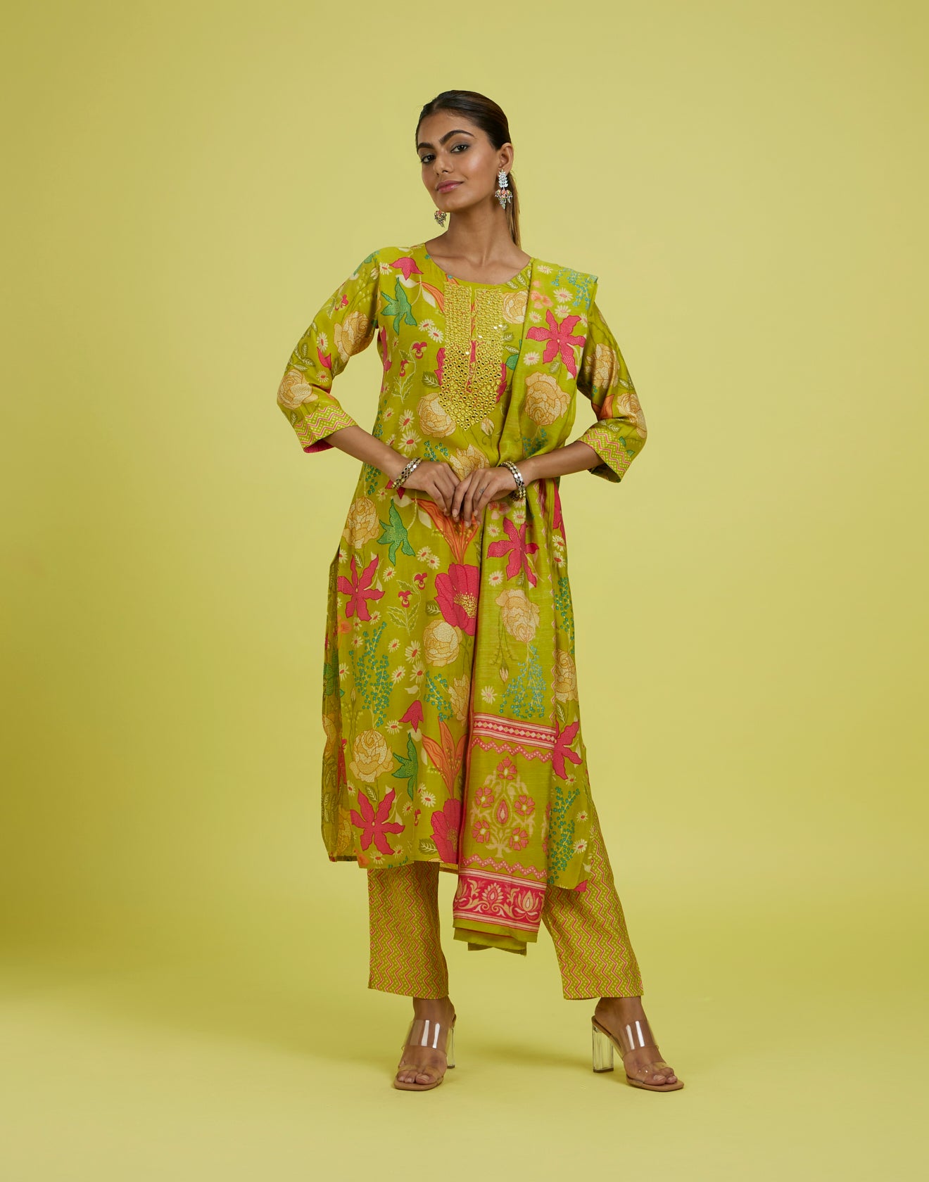 Parakeet Yellow Floral Printed Kurta Set