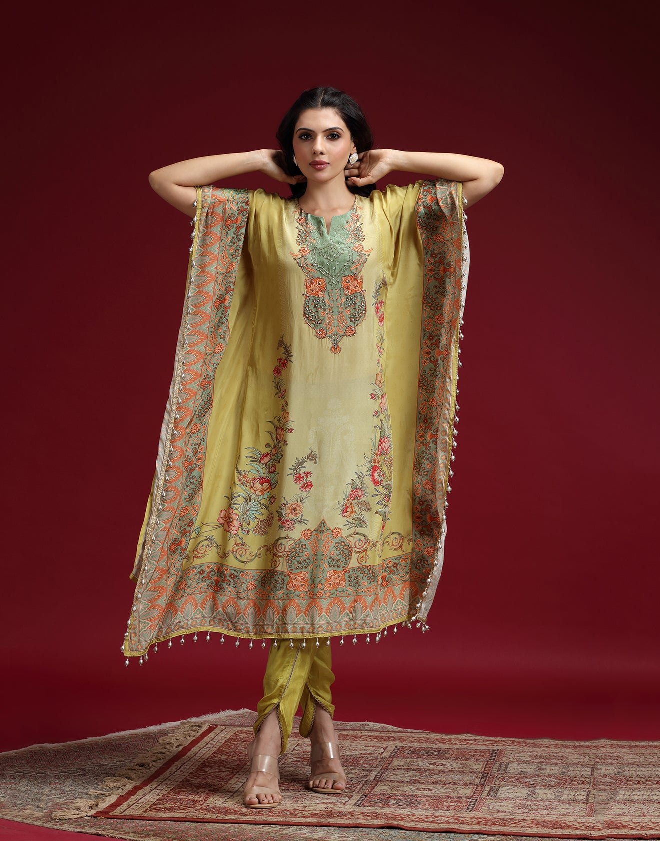 Parakeet Green Floral Printed Silk Kaftan Set